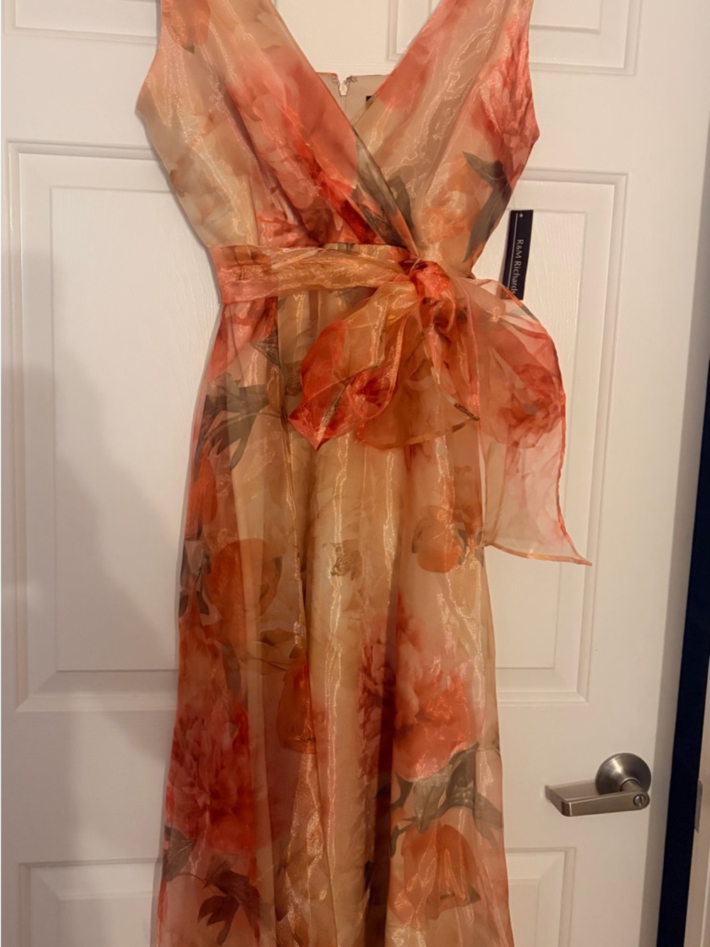 R&M Richards Peach Coral Floral Maxi Dress